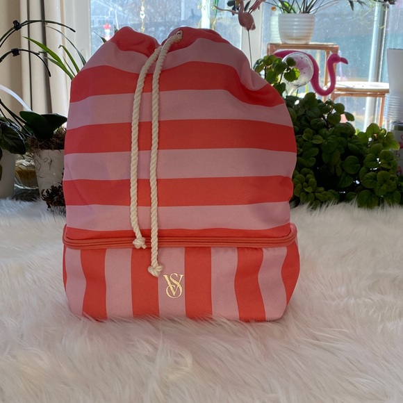 Victoria's Secret Handbags - Victoria's Secret Coral and Light Pink Striped Backpack Lunchbox
